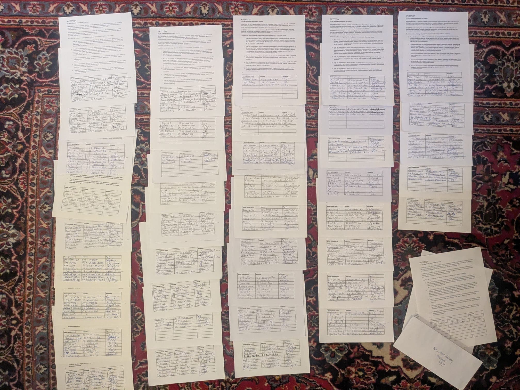 All 400 signed petition pages laid out together before submission to the Provincial Legislature